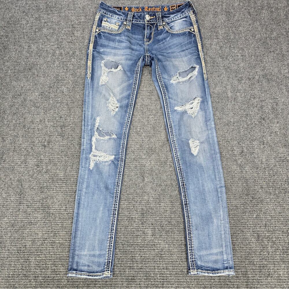 Rock Revival Vien Skinny Jeans Womens 26x32 Blue Distressed Embroidered